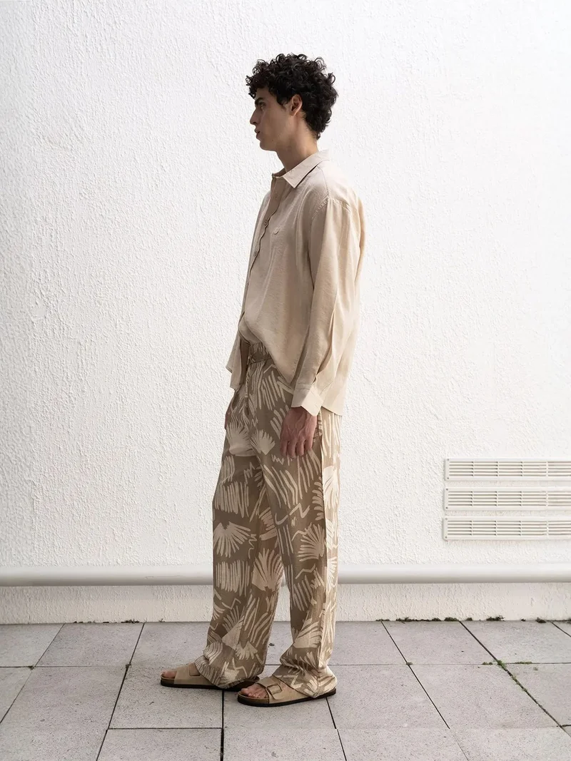 Giesto Beige Natural GIESTO Relaxed Fit Wide Leg Patterned Pants with Drawstring Waist for Men | Best Price UAE